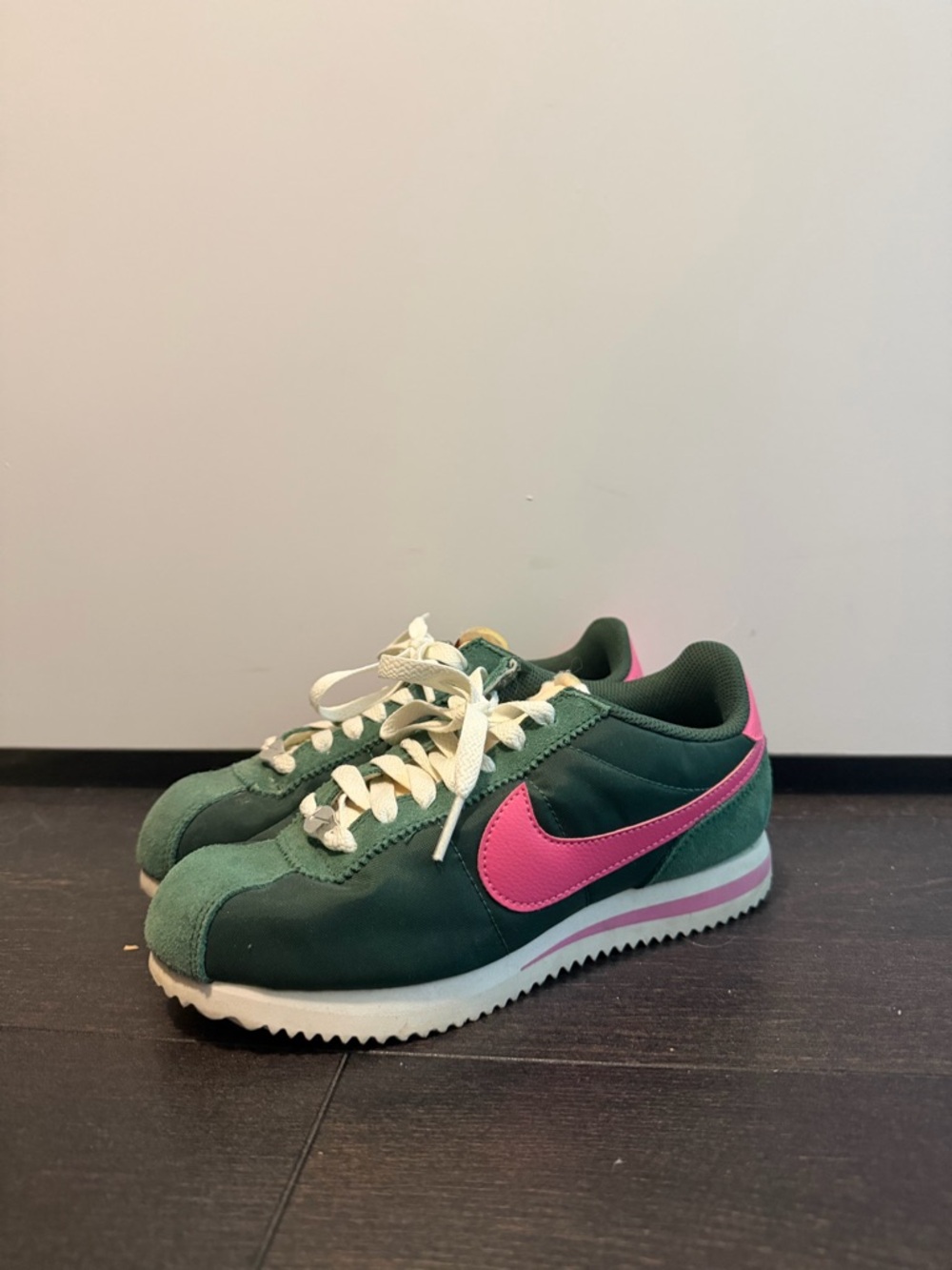 Nike Green Sneakers with Pink Swoosh and Cream Laces